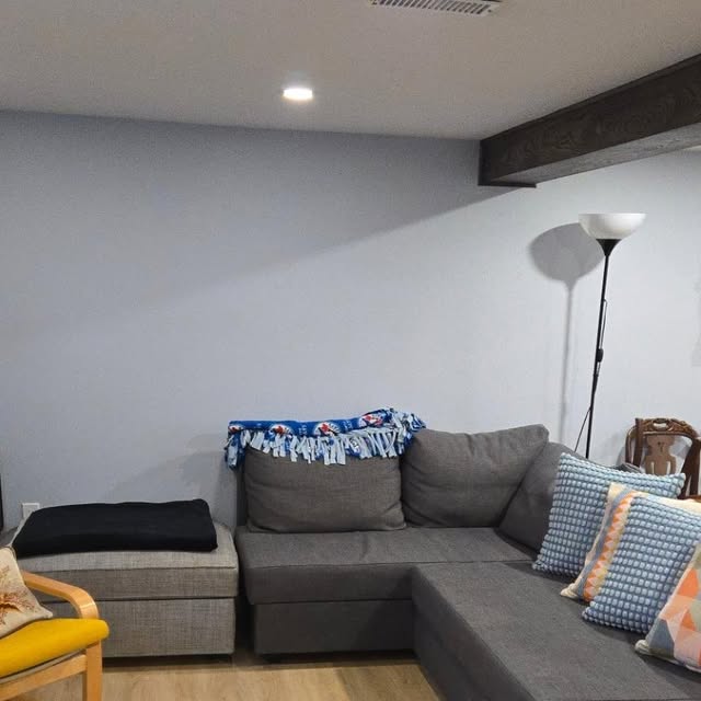 Basement family room with a grey sectional sofa against a pale wall, a floor lamp, patterned cushions and a folded blanket, photographed before reorganizing.